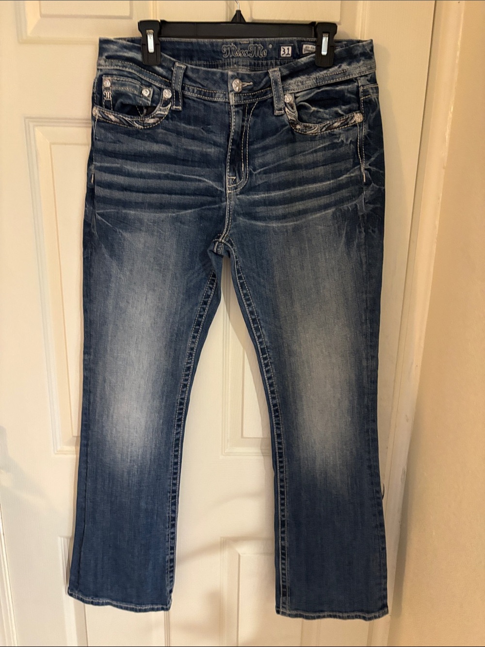 Miss Me Dark Wash Boot Cut Jeans with Faded Detail
